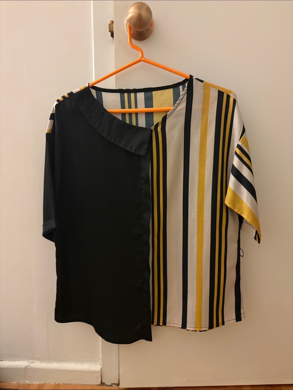 Women's Black and Mustard Striped Short Sleeve Top